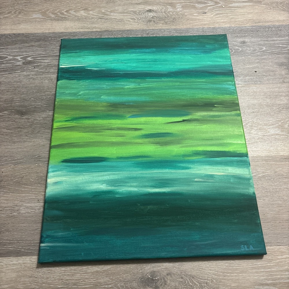 Original Abstract Painting 16x20 Green Teal Canvas Signed SLA Modern Art